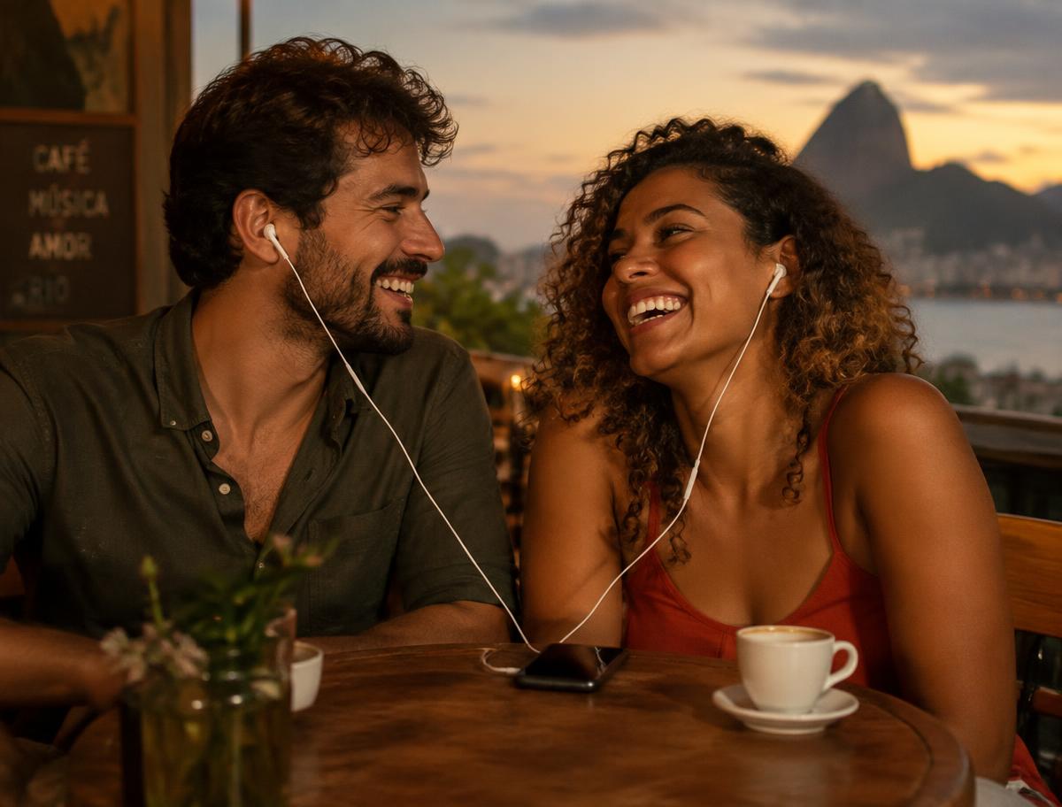 Casal rindo em um café dividindo fones de ouvido para ouvir uma música