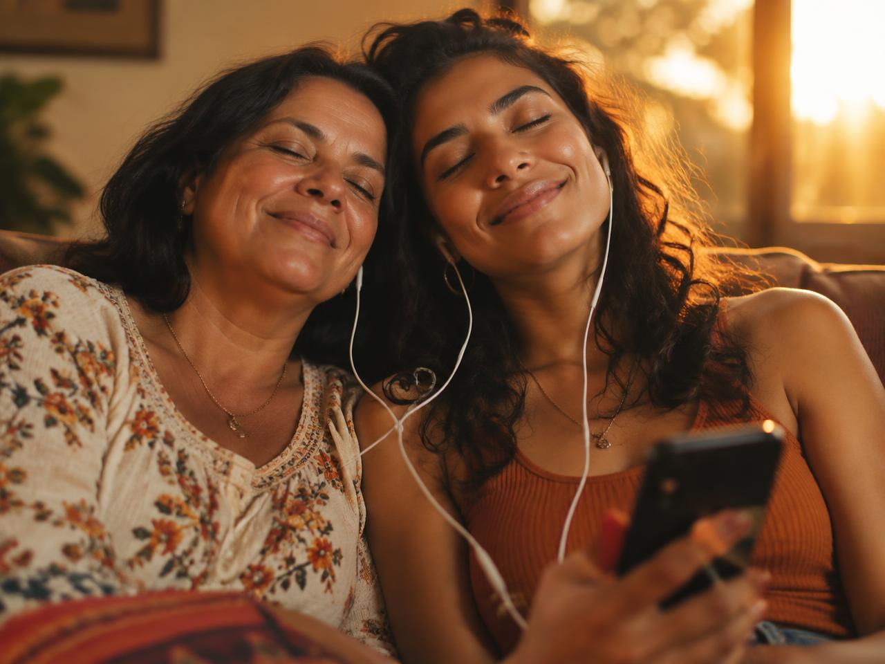Mãe e filha ouvindo juntas uma música no celular, sorrindo de olhos fechados