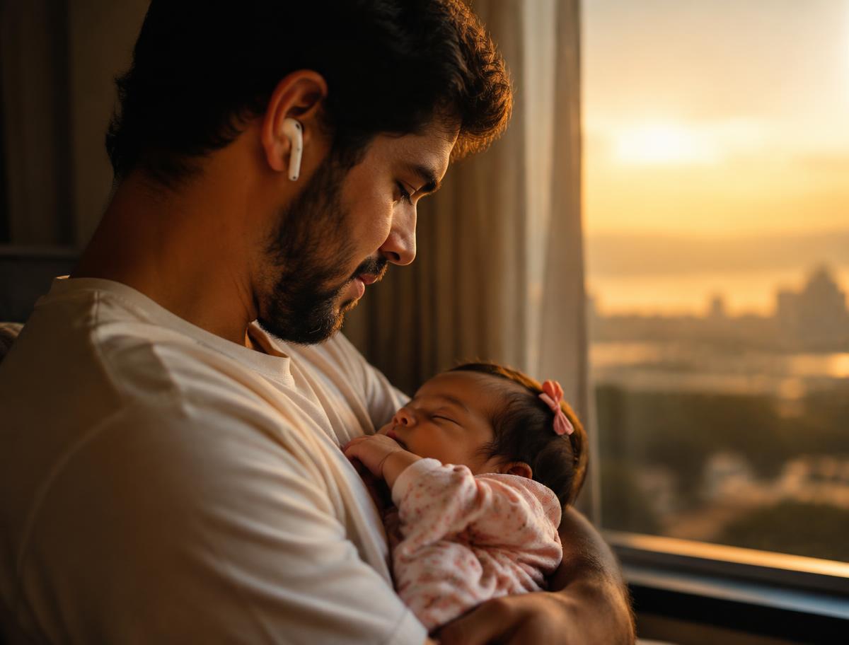 Pai segurando a filha recém-nascida perto da janela ao entardecer